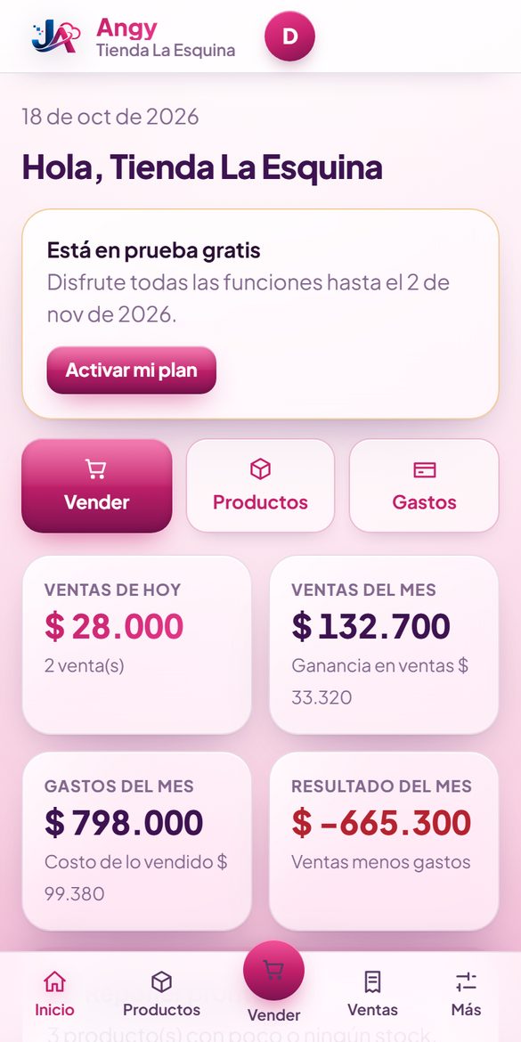 Tablero de Angy en el celular: ventas de hoy, del mes, gastos y lo que hay que reponer