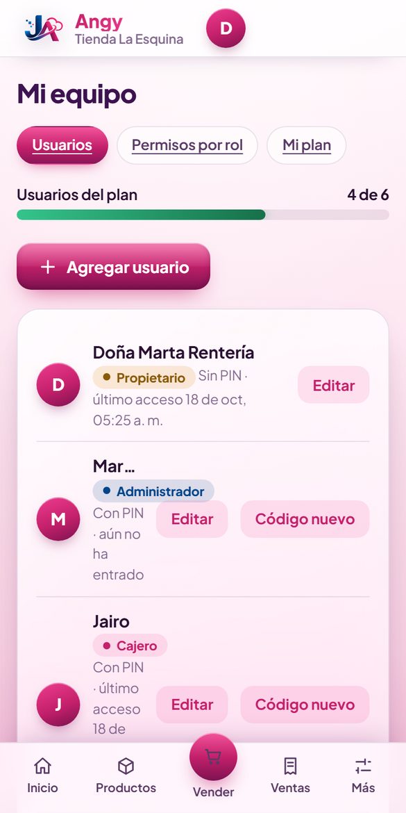 Su equipo: cajeros y administradores