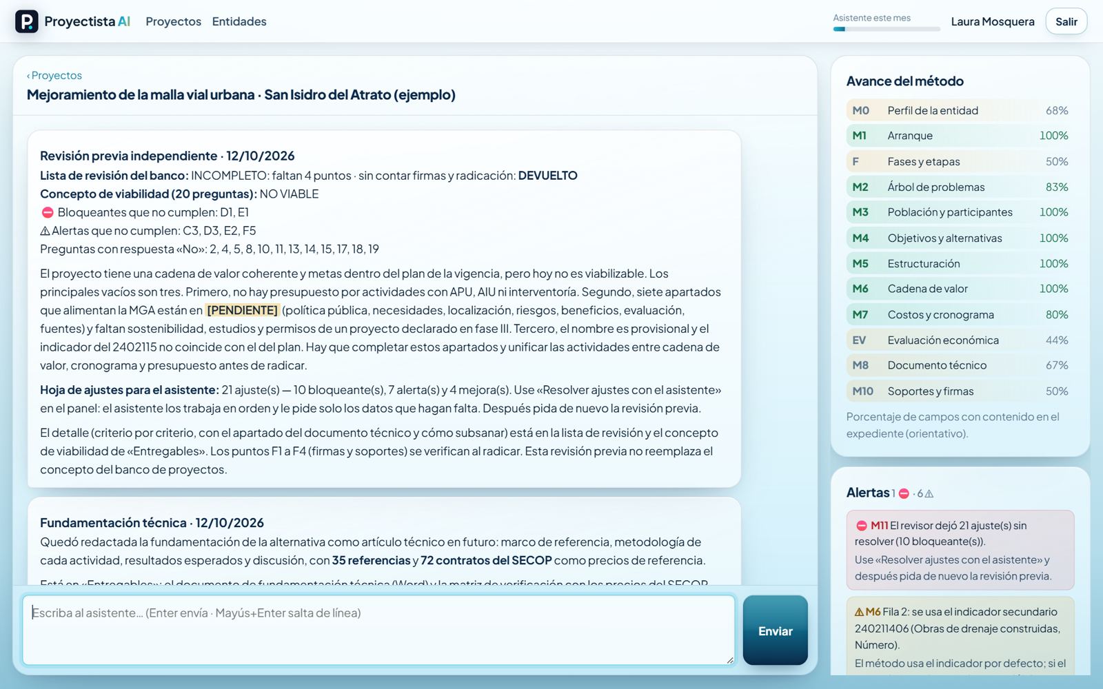 Pantalla de un proyecto en Proyectista AI: asistente, avance del método y alertas