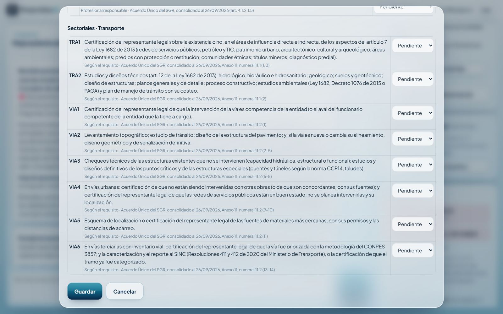 Requisitos para radicar según la tipología: generales, de fase III y sectoriales del Acuerdo Único vigente, con su estado.